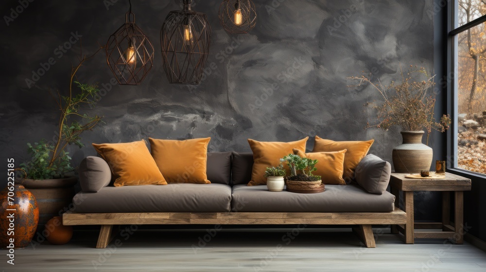 Wooden sofa with dark colored pillows in scandi style living room, elegant walls, paintings, cupboard Wooden sofa with dark colored pillows in scandi style living room, elegant walls, paintings, cupboard