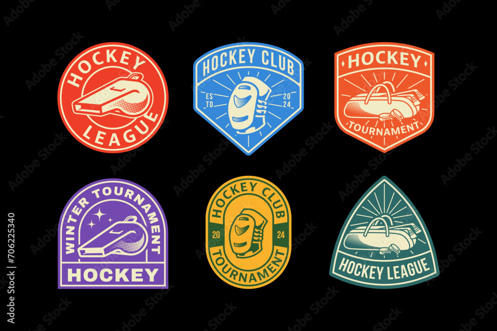 Naklejka premium set of hockey badge logos with hockey bag and whistle and knee pads element design for hockey team and league and champion