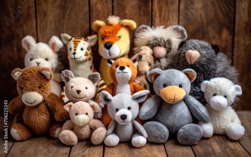 Many soft toys are sitting on the background. Generative AI