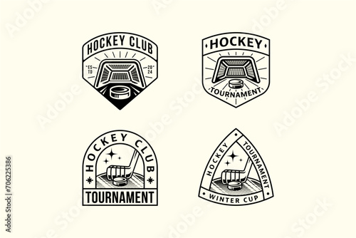 set of hockey outline badge logos with hockey puck and stick and wicket element design for hockey team and league and champion