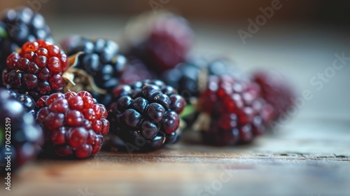  a bunch of blackberries and raspberries sitting on a wooden table with red and black berries on top of them. photo