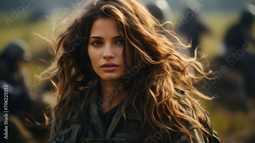 Portrait of a Long Haired Female Soldier in the Grassland. Women in Military Uniform © Resdika