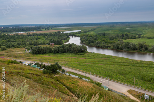 View of Kama River. Mouth of Toima River. Toyma flows into Kama near town Yelabuga, Russia. Summer natural landscape