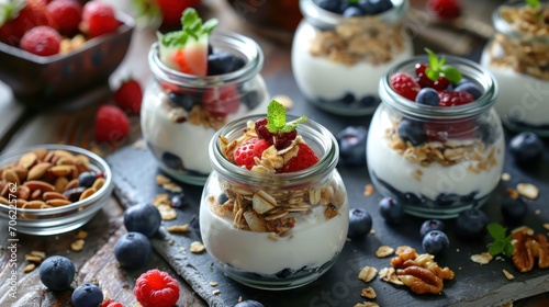 yogurt to various jars and dishes, try a variety of toppings and always include large container in shot, food, dessert, sweet, fresh, dairy, delicious, breakfast, fruit, organic photo