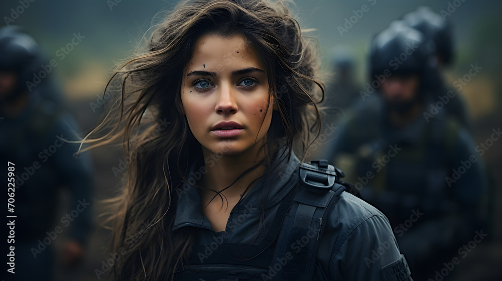 Portrait of a Long Haired Female Soldier in the Grassland. Women in Military Uniform Portrait of a Long Haired Female Soldier in the Grassland. Women in Military Uniform