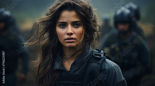 Portrait of a Long Haired Female Soldier in the Grassland. Women in Military Uniform © Resdika