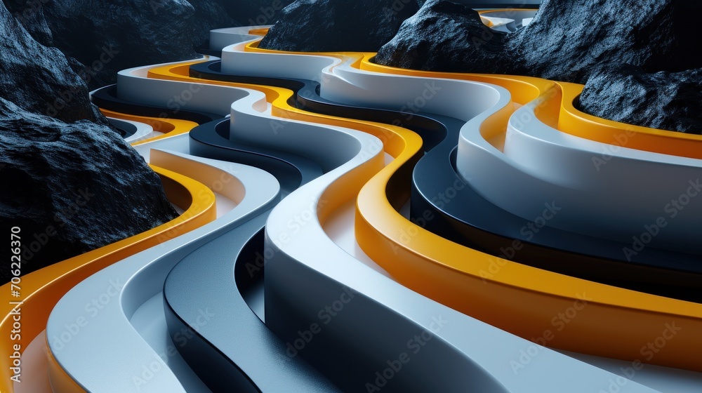  a 3d rendering of a winding road in a mountainous area with rocks and a mountain in the backgroud. - obrazy, fototapety, plakaty 