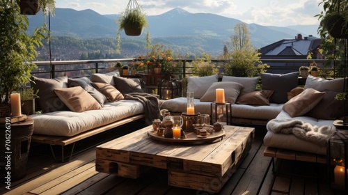cozy roof terrace with pallet furniture lounge zone and beautiful landscape views