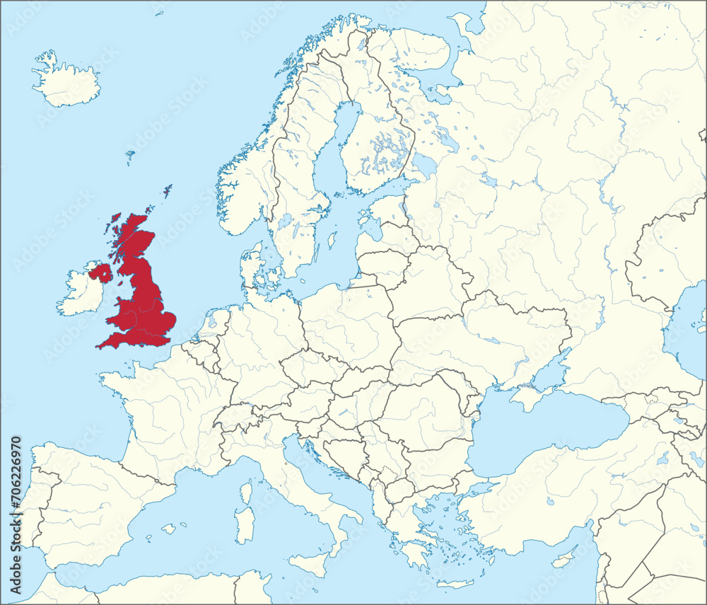 Red CMYK national map of UNITED KINGDOM inside detailed beige blank political map of European continent with rivers and lakes on blue background using Mercator projection