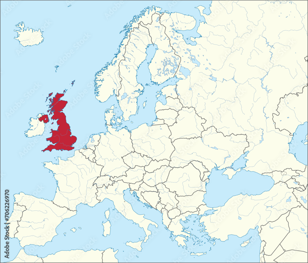 Naklejka premium Red CMYK national map of UNITED KINGDOM inside detailed beige blank political map of European continent with rivers and lakes on blue background using Mercator projection