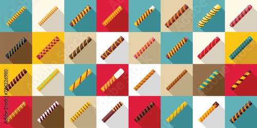 Wafer rolls icons set flat vector. Stick roll sweet. Candy bakery