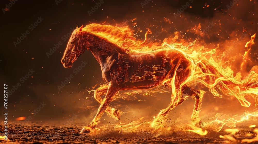 Obraz premium Running horse covered in flames, AI generated Image