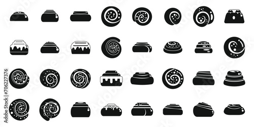 Cinnamon roll bun icons set simple vector. Food baked. Bakery milk danish