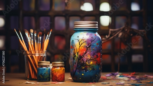 Artist’s Workspace with Paint Brushes and Colors