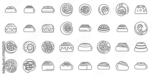 Cinnamon roll bun icons set outline vector. Food baked. Bakery milk danish