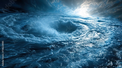  a large body of water with a wave coming out of the center of the water and a bright light coming out of the center of the water.