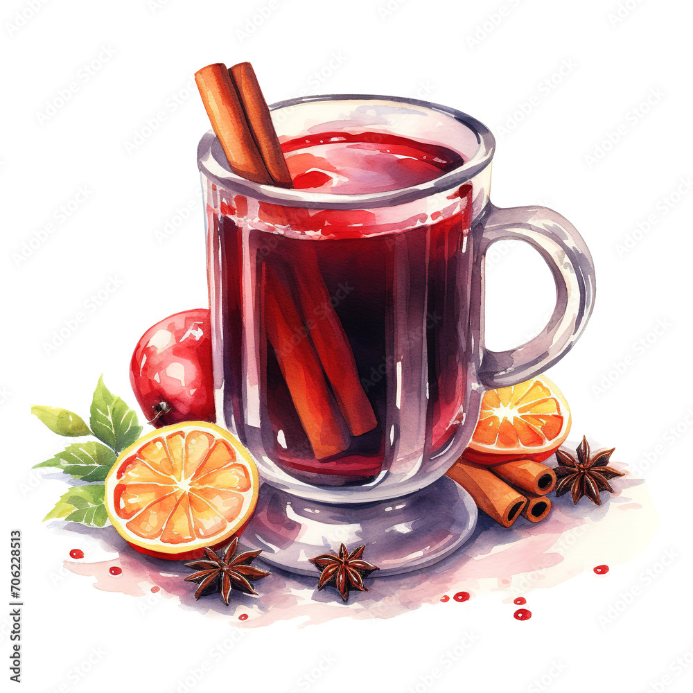 Mulled Wine, Beverages Illustration. Watercolor Style. AI Generated Mulled Wine, Beverages Illustration. Watercolor Style. AI Generated