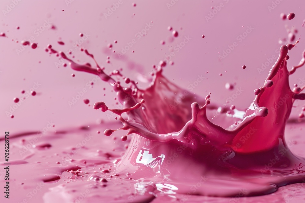 a close up of a pink liquid splashing on a pink surface with drops of water on the bottom of the splash. a close up of a pink liquid splashing on a pink surface with drops of water on the bottom of the splash.