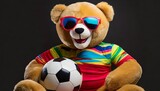 cute teddy bear in retro tricot with football soccer on black background