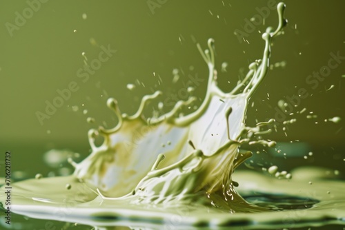  a close up of a green liquid splashing into the water with a green back ground and a green wall in the background.