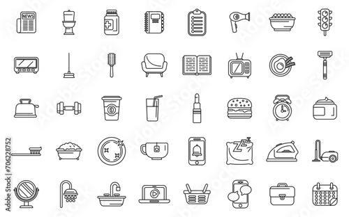 Daily routine icons set outline vector. Life school eat. Work day sleep