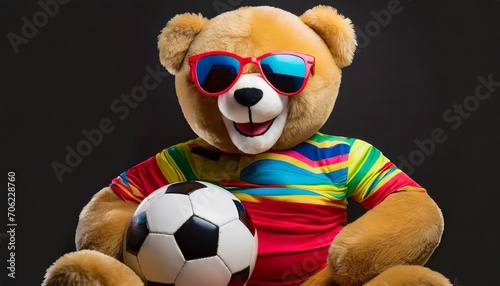 cute teddy bear in retro tricot with football soccer on black background