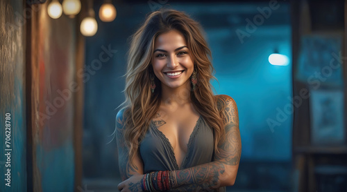 Portrait of a woman with a body full of artistic tattoos