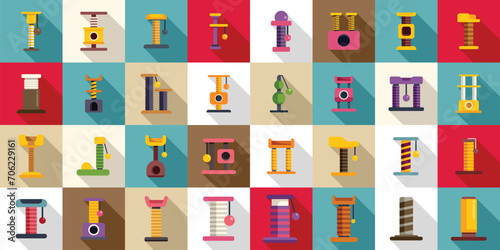 Cats scratching post icons set flat vector. Tower play. House cat animal