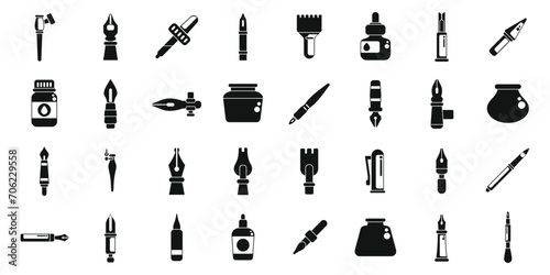 Dip pen tools icons set simple vector. Artwork ink. Accessory supplies