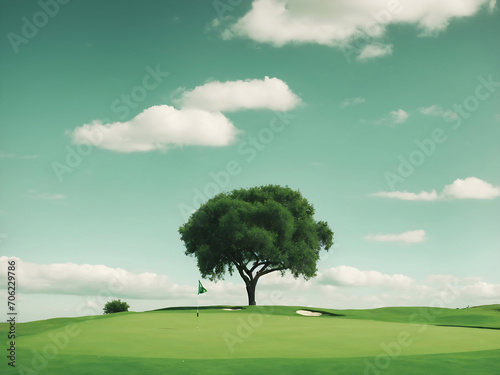 Green grass and a single tree on a golf course