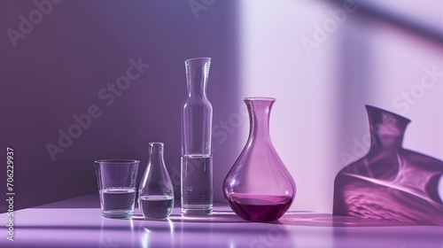  a group of vases sitting on top of a table next to a glass filled with liquid on top of a table.