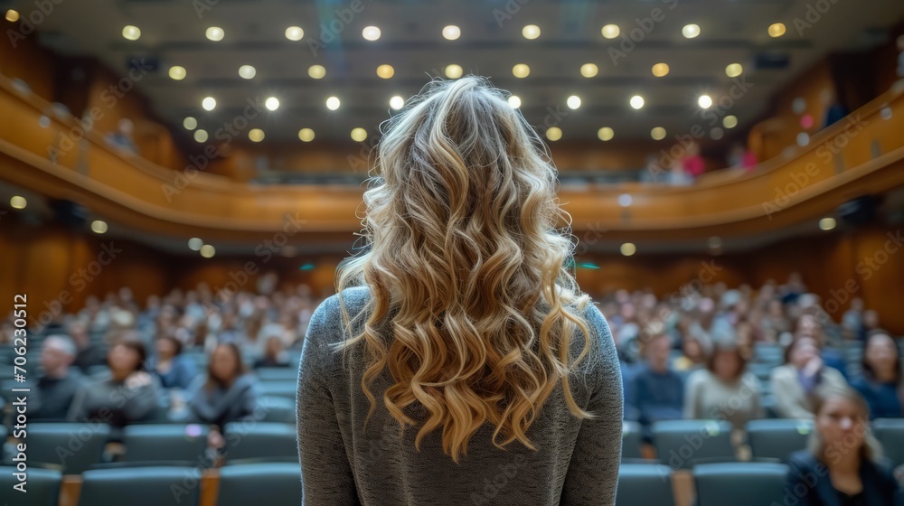 Woman Overlooking Audience in Auditorium.
Woman with curly hair facing an audience. Woman Overlooking Audience in Auditorium.
Woman with curly hair facing an audience.