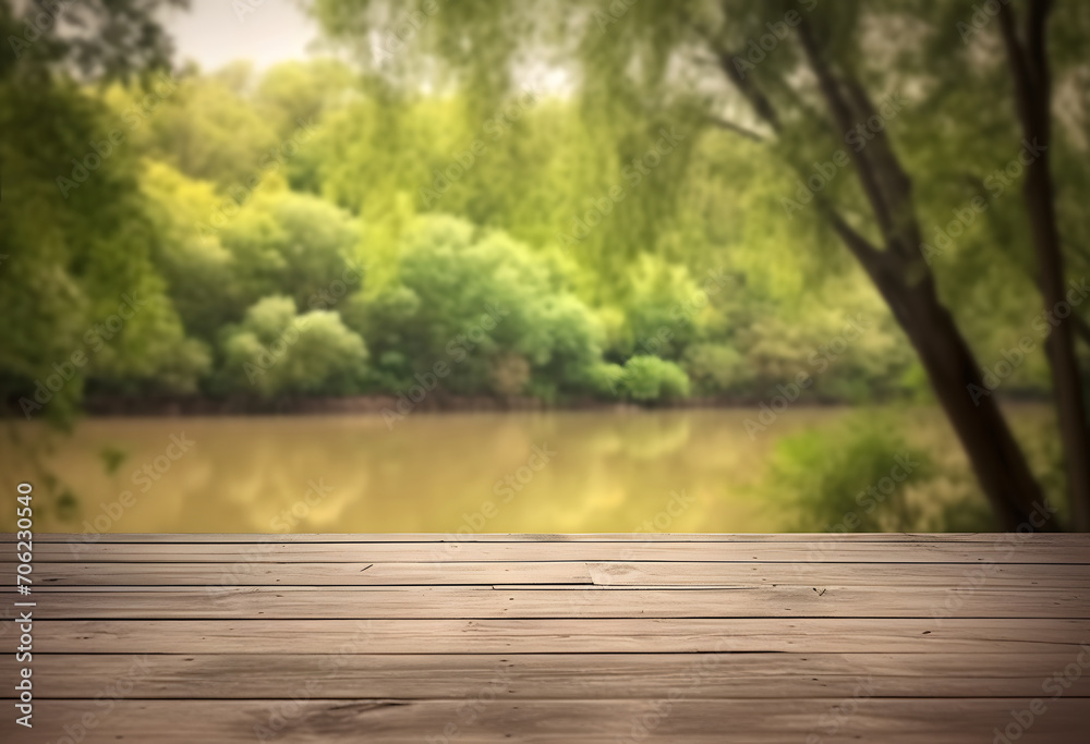 Obraz premium empty wooden table with blurry forest river background