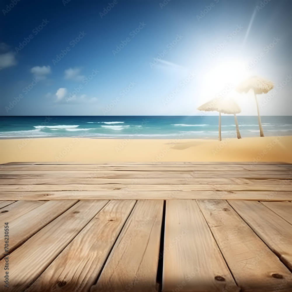 Table background of free space and beach landscape Table background of free space and beach landscape