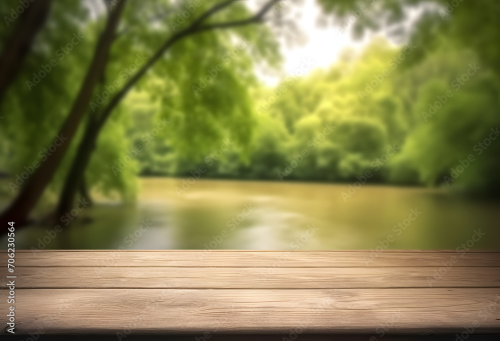 Obraz premium empty wooden table with blurry forest river background