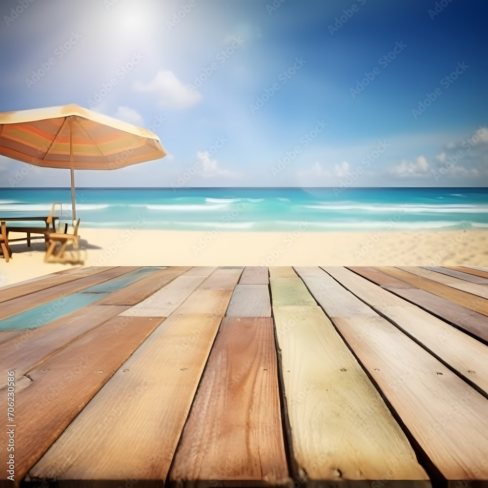 Table background of free space and beach landscape Table background of free space and beach landscape