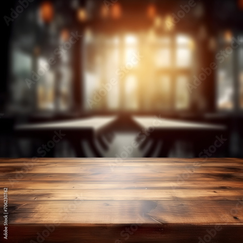 Desk of free space and blurred background of bar