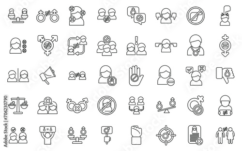 Gender discrimination icons set outline vector. Harassment workplace. Work abuse balance