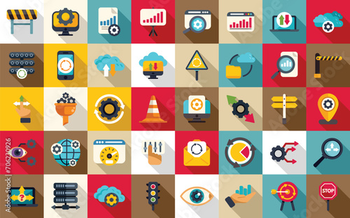 Traffic management icons set flat vector. Social audit. Web light network