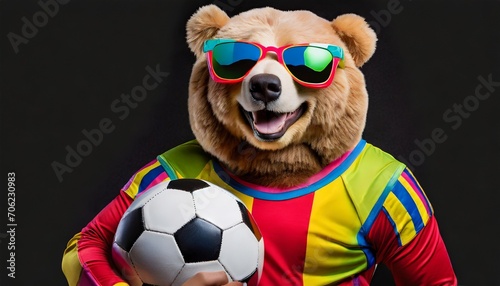 cute teddy bear in retro tricot with football soccer on black background © creativemariolorek