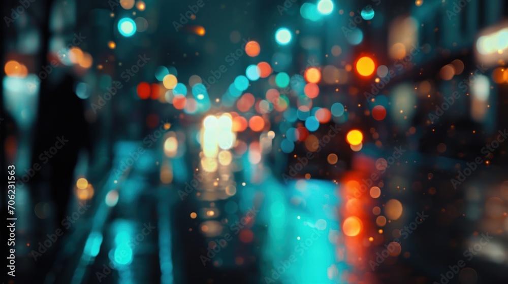  a blurry photo of a city street at night with street lights in the foreground and blurry street lights in the background.
