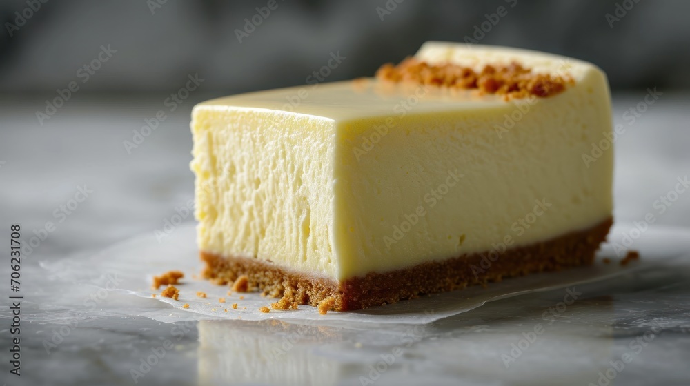  a piece of cheesecake sitting on top of a piece of wax paper on top of a marble counter top.