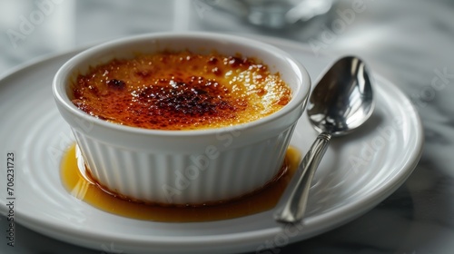  a close up of a bowl of food on a plate with a spoon and a glass of water in the background.