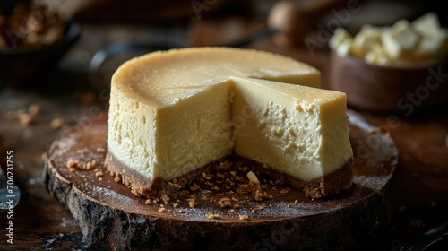  a piece of cheesecake sitting on top of a wooden cutting board next to a knife and bowl of nuts.