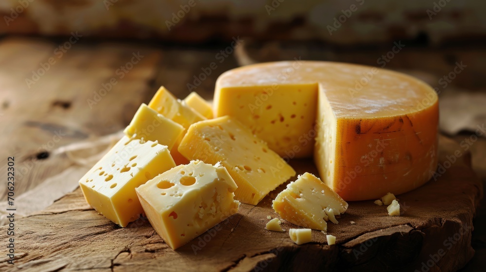  a pile of cheese sitting on top of a wooden cutting board next to a slice of cheese on top of a piece of wood.