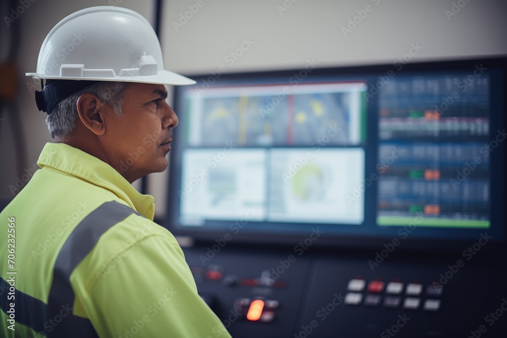 over-the-shoulder shot of engineer monitoring substation operations on screen over-the-shoulder shot of engineer monitoring substation operations on screen