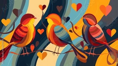  a couple of birds sitting on top of a tree next to a couple of hearts on top of a branch.
