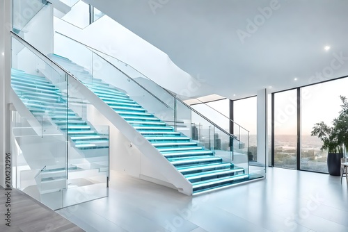 Modern white staircase with glass banister beautiful building photo