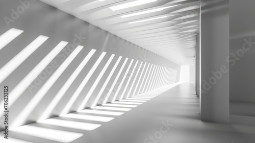  a white room with a long row of blinds on the wall and a light coming through the window in the middle of the room.