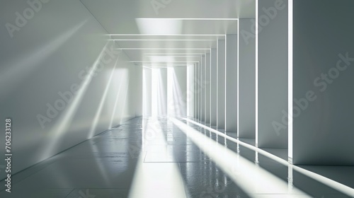  a long hallway with white walls and beams of light coming in from the end of the room on either side of the hallway.